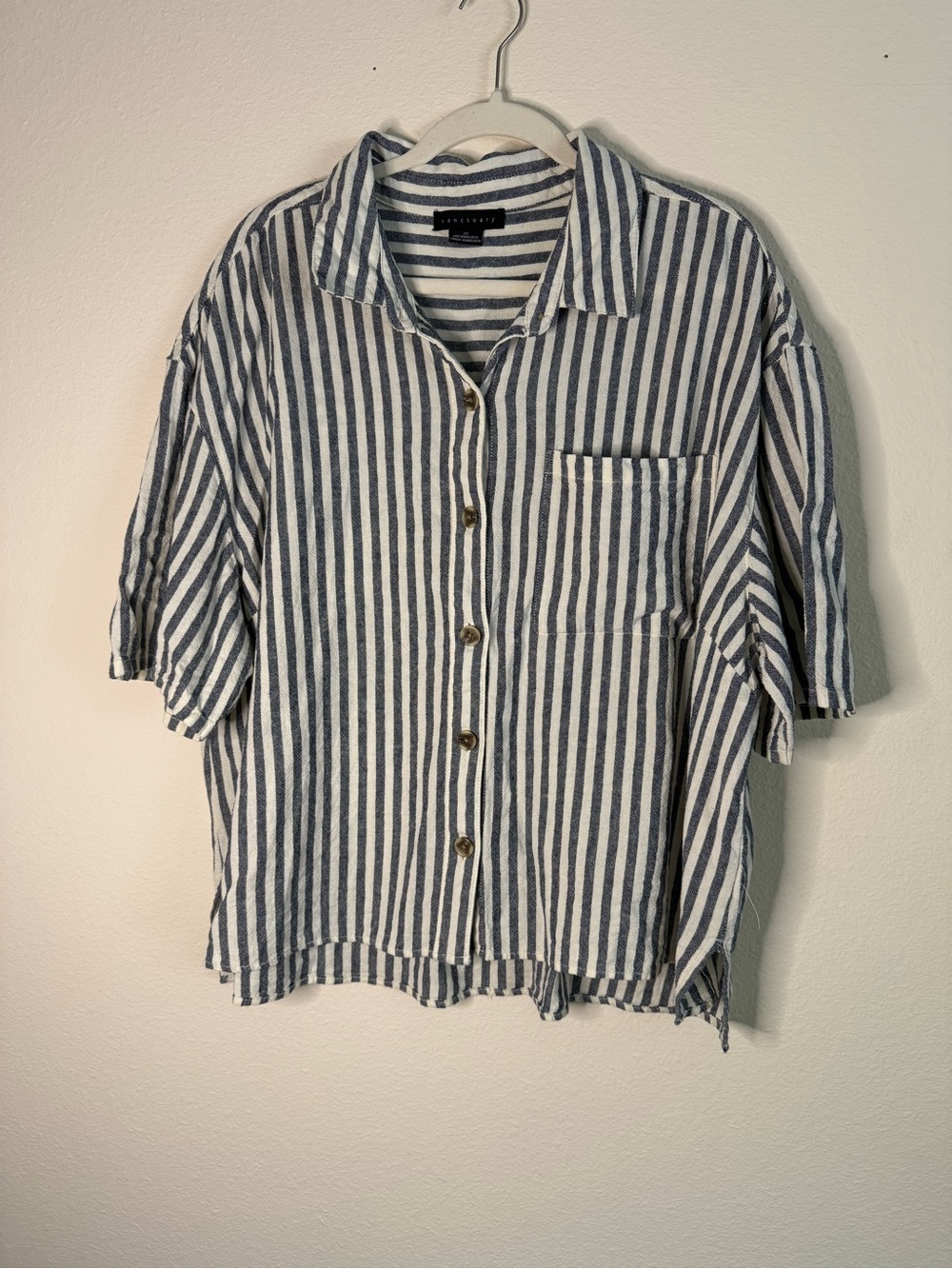 Sanctuary Blue and White Linen Blend Stripe Short-Sleeve Button-Up